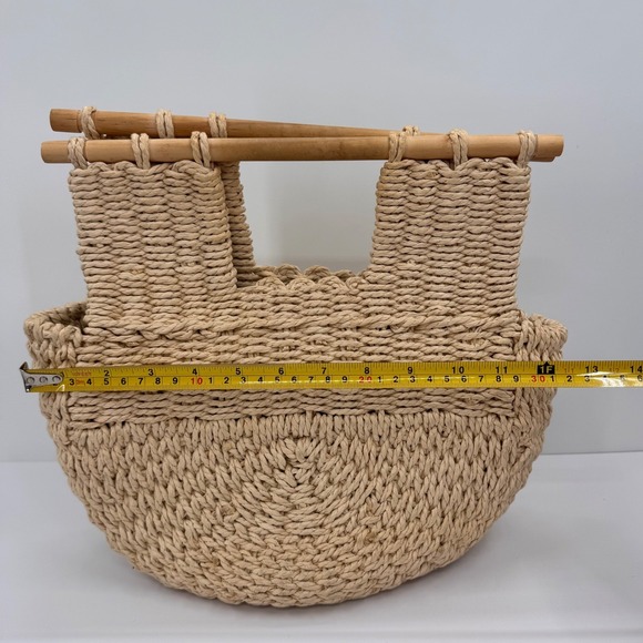 Woven Straw Tote Bag Half Moon Wooden Handle Beige Boho Summer Handbag Unbranded - Picture 7 of 12